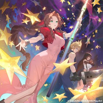 1boy 2girls absurdres aerith_gainsborough armor bare_shoulders belt black_choker black_gloves black_skirt blonde_hair blue_eyes blue_pants blue_shirt boots braid braided_ponytail breasts brown_belt brown_boots buster_sword buttons center_opening choker cleavage closed_mouth cloud_strife cracking_knuckles crop_top cropped_jacket dissidia_duellum_final_fantasy dissidia_final_fantasy dress elbow_gloves feet_out_of_frame fighting_stance final_fantasy final_fantasy_vii fingerless_gloves gloves green_eyes grey_belt hair_between_eyes hair_ribbon hair_tie highres holding holding_sword holding_weapon jacket large_breasts long_dress long_hair low-tied_long_hair materia medium_breasts midriff miniskirt multiple_girls official_art own_hands_together pants parted_bangs parted_lips pauldrons pink_dress puffy_short_sleeves puffy_sleeves red_gloves red_jacket red_ribbon ribbon ribbon_choker shirt short_hair short_sleeves shoulder_armor sidelocks silver_bangle single_braid single_pauldron skirt sleeveless sleeveless_shirt sleeveless_turtleneck smile spiked_hair square_enix suspenders sword teffish tifa_lockhart turtleneck weapon white_shirt
