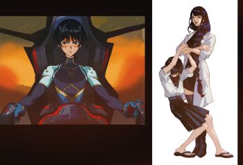 1boy 1girl absurdres aina_(mayexplode) arms_up black_dress black_footwear blue_eyes blue_hair blunt_bangs boots braid closed_mouth coat crossover dress genshin_impact hair_between_eyes hair_over_shoulder highres lab_coat leaning_back long_hair looking_at_viewer looking_to_the_side mobile_suit mole mole_under_eye mother_and_son multicolored_background neon_genesis_evangelion open_clothes open_coat pulling_arm purple_eyes purple_hair raiden_shogun sandals scaramouche_(genshin_impact) shirt short_hair short_sleeves shorts single_braid sitting standing thigh_boots white_background white_shirt