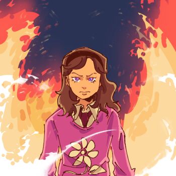 1girl aged_down brown_hair closed_mouth collared_shirt commentary english_commentary eyelashes fire hairband highres kurashiki_akane kyokugen_dasshutsu kyokugen_dasshutsu:_9_jikan_9_nin_9_no_tobira long_hair mrcrashkeys necktie pink_sweater purple_eyes red_necktie shirt solo sweater upper_body white_shirt