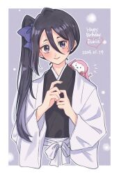 Rule 34 | 2024, black hair, black kimono, bleach, bleach: epilogue, blush, border, bright pupils, character name, closed mouth, commentary request, dated, dated commentary, double-parted bangs, eyelashes, grey background, hair between eyes, hands up, haori, happy birthday, heart, highres, japanese clothes, kimono, kuchiki rukia, lips, long hair, long sleeves, looking at viewer, notice lines, on shoulder, own hands together, purple eyes, rinner373, sash, short eyebrows, side ponytail, simple background, smile, spoilers, straight hair, stuffed animal, stuffed toy, tsurime, upper body, very long hair, white border, white kimono, white sash, wide sleeves