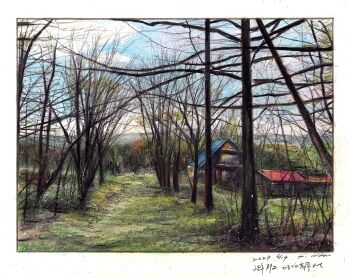 baden_hiroshi bare_tree border building colored_pencil_(medium) commentary_request dated day highres house making-of_available no_humans original outdoors scenery spring_(season) traditional_media tree white_border