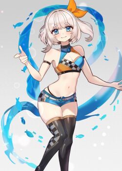 1girl black_thighhighs blonde_hair blue_eyes blue_shorts bow breasts checkered_clothes cleavage closed_mouth crop_top fish hair_bow highres looking_at_viewer marimari_(vtuber) navel orange_bow phase_connect race_queen short_eyebrows short_shorts shorts side_ponytail small_breasts solo stomach thighhighs thighs tsukasa12598 virtual_youtuber