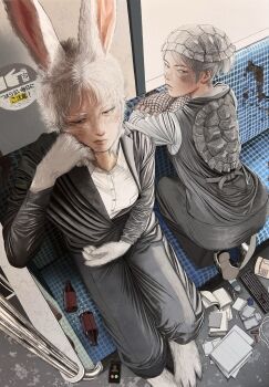 2girls animal_ears barefoot black_eyes black_shoes bored breasts cellphone claws commentary_request computer_keyboard corded_phone elbow_rest from_above furry grey_hair hair_bun hand_on_own_cheek hand_on_own_face head_rest highres incoming_call kneeling layered_clothes looking_back medium_breasts multiple_girls oshun220 parody parted_bangs partially_unbuttoned phone pill pill_bottle rabbit_ears rabbit_girl red_eyes scales scattered_books scattered_paper shirt shoes short_hair sign sitting smartphone subway the_tortoise_and_the_hare turtle_girl turtle_shell warning_sign white_hair white_shirt window