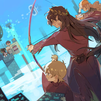 Rule 34 | 1girl, 6+boys, animification, bird boy, bird wings, block (minecraft), bow (weapon), brown hair, character request, chibi, coat, colored skin, cubfan135, docm77, dual persona, explosive, goodtimeswithscar, goodtimeswithscar (elvish), green skin, grian (youtuber), hard hat, helmet, hermitcraft, holding, holding block, holding bow (weapon), holding weapon, horns, long hair, luminous slime, male focus, minecraft, minecraft youtube, mini person, miniboy, multiple boys, official alternate color, official alternate costume, official alternate hair length, official alternate hairstyle, on head, outdoors, parrot boy, pearlescentmoon, pearlescentmoon (cleaning lady), person on head, red coat, red sweater, short hair, sky, smile, sweater, tnt, tnt block (minecraft), turtleneck, turtleneck sweater, weapon, wings