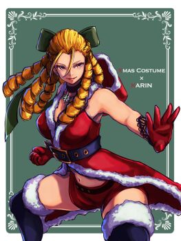1girl alternate_costume ap_cammy belt blonde_hair boots capcom caption choker christmas drill_hair forehead fur_trim gloves hair_ribbon highres hood hoodie kanzuki_karin long_hair midriff navel ribbon shorts sleeveless street_fighter street_fighter_v thigh_boots thighhighs thighs yellow_eyes