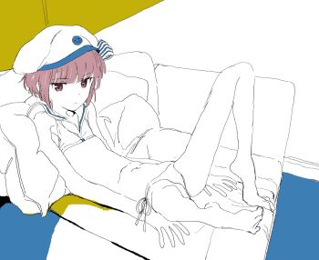 1girl bad_anatomy bad_feet bad_hands barefoot bikini bow brown_eyes brown_hair commentary_request couch e_eel expressionless flat_chest frown full_body half-closed_eyes hat hat_bow highres indoors jaggy_lines kantai_collection knee_up looking_at_viewer looking_to_the_side lying official_alternate_costume on_back on_couch partially_colored pillow reclining sailor_collar sailor_hat short_hair side-tie_bikini_bottom solo stomach striped_bow swimsuit toe_scrunch z3_max_schultz_(kancolle)
