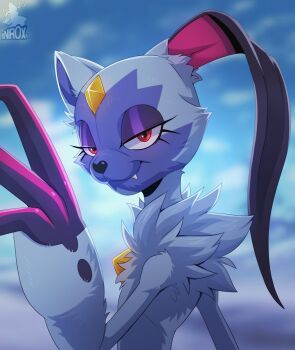 1girl artist_name blue_fur blue_sky chest_fur chest_jewel claws cloud cloudy_sky commentary english_commentary fangs forehead_jewel furry heart-shaped_nose looking_at_viewer nintendo niro_(xnirox) no_humans pink_claws pokemon pokemon_(creature) red_eyes sky smug sneasler solo very_long_claws