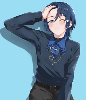 Rule 34 | 1girl, absurdres, belt, blue background, blue eyes, blue hair, blue sweater, blush, chain, chain necklace, earclip, flat chest, grey pants, hair between eyes, hand in own hair, hand on own head, highres, hiodoshi ao, hiodoshi ao (1st costume), hololive, hololive dev is, jewelry, knew nothing, looking at viewer, medium hair, mole, mole under mouth, necklace, one eye closed, pants, regloss (hololive), smile, solo, sweater, virtual youtuber