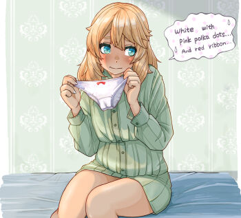 Rule 34 | 1boy, alternate costume, averting eyes, blonde hair, blue eyes, blush, bow, bow panties, bridget (guilty gear), buttons, closed mouth, dress, embarrassed, english text, female focus, green dress, guilty gear, guilty gear strive, highres, holding, holding panties, holding underwear, holding unworn clothes, legs together, long sleeves, male focus, medium hair, on bed, panties, polka dot, polka dot panties, ribbed dress, sitting, solo, spoken sweatdrop, sugajyun, sweatdrop, underwear, unworn panties, wallpaper (object), white panties