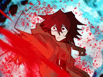 1other amputee androgynous black_shirt blood blood_spray blue_background chinese_commentary closed_mouth collared_shirt commentary_request detached_hood floating_clothes frown green_jacket hair_between_eyes high_collar hood hood_down hooded_jacket jacket len'en long_hair_between_eyes long_sleeves looking_ahead open_clothes open_jacket other_focus pointy_nose red_eyes red_hair shi_tong shirt shitodo_hooaka short_hair solo sweatdrop upper_body wide-eyed zipper