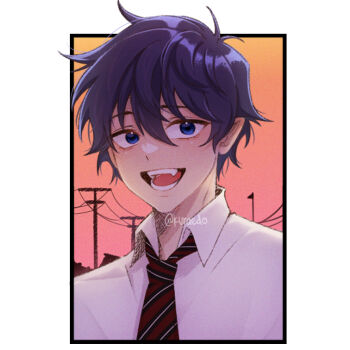 Rule 34 | 1boy, ao no exorcist, artist name, blue eyes, blue hair, border, choppy bangs, collared shirt, commentary, diagonal-striped clothes, diagonal-striped necktie, english commentary, fangs, hair between eyes, kuraedo, looking at viewer, male focus, necktie, okumura rin, open mouth, pointy ears, red necktie, shirt, short hair, solo, striped clothes, twitter username, white shirt