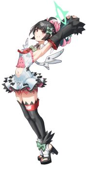 Rule 34 | 1girl, ahoge, armpits, arms up, black hair, black thighhighs, bow, breasts, checkered necktie, clothing cutout, colored inner hair, commentary request, dress, footwear bow, from side, green bow, green halo, grin, hair bow, halo, highres, matsuhisa (ryo-tsuda1), multicolored hair, multiple hair bows, nail polish, nangong yu, navel, navel cutout, necktie, open-toe shoes, red eyes, red nails, red necktie, short twintails, simple background, small breasts, smile, solo, stretching, thighhighs, toenail polish, toenails, twintails, white background, white dress, white wings, wings, zenless zone zero