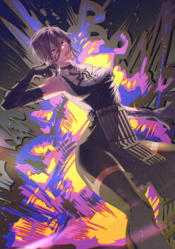 1girl absurdres apron black_apron black_choker black_gloves black_ribbon black_shorts black_thighhighs chainsaw_man choker dynamite elbow_gloves explosion explosion_background explosive gloves green_eyes grenade_pin hair_between_eyes highres laburnu looking_at_viewer neck_ribbon purple_hair reze_(chainsaw_man) ribbon shirt shorts sleeveless sleeveless_shirt solo thighhighs white_shirt