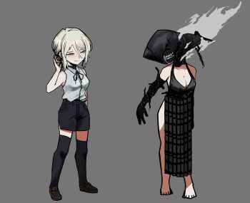 1girl absurdres apron black_apron black_dress black_gloves black_ribbon black_shorts black_thighhighs blue_eyes bomb bomb_devil_(chainsaw_man) bomb_devil_(chainsaw_man)_(cosplay) brown_shoes ccyb chainsaw_man closed_mouth collared_shirt commentary cosplay dress elbow_gloves explosive faust_(project_moon) full_body gloves grey_background highres limbus_company loafers multiple_views neck_ribbon project_moon reze_(chainsaw_man) ribbon shirt shoes shorts sidelocks simple_background sleeveless sleeveless_shirt smile symbol-only_commentary thighhighs white_shirt