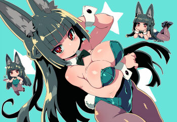 Rule 34 | 1girl, animal ear fluff, animal ears, aqua background, aqua leotard, arm under breasts, arm up, bare shoulders, black bow, black bowtie, black shoes, blunt bangs, blunt sidelocks, blush, bowtie, braid, breast lift, breasts, bright pupils, brown pantyhose, chibi, chibi inset, cleavage, closed mouth, collar, covered navel, cowboy shot, detached collar, dutch angle, expressionless, fake tail, floating hair, fox ears, green hair, half up braid, hand on own head, hand on own hip, hand up, hands on own cheeks, hands on own face, high heels, holding, holding tray, hoshimi miyabi, large breasts, leg up, legs up, leotard, long hair, looking at viewer, lying, multiple views, on stomach, pantyhose, playboy bunny, rabbit tail, red eyes, shoes, sidelocks, simple background, straight hair, strapless, strapless leotard, tail, tray, tsurime, uzuki tenchan, very long hair, white collar, white pupils, white wrist cuffs, wrist cuffs, zenless zone zero