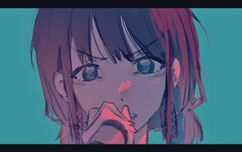 blue_eyes earclip earrings frown girls_band_cry grey_eyes highres holding holding_microphone iseri_nina jewelry looking_at_viewer low_twintails microphone multicolored_hair music mywishislily open_mouth portrait pov roots_(hair) short_hair short_twintails singing twintails