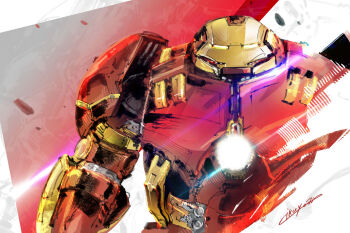 armor artist_name debris glowing glowing_chest glowing_eyes hulkbuster ikuyoan iron_man iron_man_(series) joints looking_at_viewer machine marvel marvel mecha mecha_focus power_armor power_suit robot_joints solo upper_body