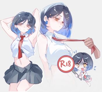 1girl 1other alternate_hair_length_(shorter) armpits arms_behind_back arms_behind_head arms_up black_hair black_skirt blue_flower blue_hair blue_rose blunt_ends blush breasts censored chibi closed_mouth clothes_grab collared_shirt commentary crop_top cropped_shirt disembodied_hand dot_mouth earrings flower flower_earrings flying_sweatdrops from_side gradient_hair great_yell_for_dreamers!_(project_sekai) grey_background hair_behind_ear hair_ornament hairclip highres jewelry large_breasts looking_at_object looking_at_viewer looking_down midriff miniskirt multicolored_hair multiple_views navel necktie necktie_grab neckwear_grab novelty_censor official_alternate_costume official_alternate_hairstyle orange_eyes outline parallel_hairclips parted_hair phynolcrystal pleated_skirt project_sekai red_necktie rose shiraishi_an shirt short_hair simple_background skirt sleeveless sleeveless_shirt star_(symbol) star_hair_ornament stomach sweat untranslatable_commentary upper_body white_outline white_shirt wing_collar