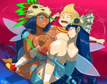 1boy 2girls age_difference animal_skull annetta_fish bed bed_sheet bedroom blonde_hair blue_hair breasts breasts_out commission commissioner_upload crossover dark-skinned_female dark_skin fairy_wings holly_luya huge_breasts interracial lucas_(mother_3) mother_(series) multiple_girls nintendo onee-shota paizuri rayman_(series) rayman_origins shonuff44 shota skull_on_head ubisoft wings