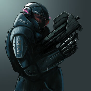 1boy armor assault_visor bullpup commentary english_text from_side gauntlets glowing gradient_background grey_background gun helmet holding holding_gun holding_weapon looking_at_viewer original p90 police power_armor power_suit science_fiction shoulder_armor solo submachine_gun tom_keith trigger_discipline weapon