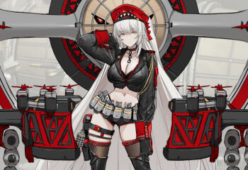 1girl arm_up azur_lane belt_pouch black_bra black_gloves black_jacket black_shorts bomb boots bra bra_peek breasts brown_thighhighs chain choker cleavage collarbone command_&amp;_conquer command_&amp;_conquer:_red_alert command_&amp;_conquer:_red_alert_2 command_&amp;_conquer:_red_alert_3 cowboy_shot crop_top cropped_jacket dishwasher1910 explosive expressionless female_focus gloves highleg highres jacket kirov_(azur_lane) kirov_airship large_breasts leg_belt long_hair long_sleeves looking_at_viewer machinery micro_shorts midriff navel original pouch red_headwear shorts silver_hair solo standing stomach thigh_boots thighhighs thighs underwear very_long_hair wing_collar yellow_eyes