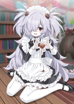 Rule 34 | absurdres, alternate costume, apron, black dress, blue archive, brown halo, candy, chocolate, chocolate heart, dress, enmaided, eyeball hair ornament, food, frilled apron, frills, full body, gatou illust, grey hair, hair over one eye, halo, heart, heart-shaped food, heart hands, highres, juliet sleeves, kanoe (blue archive), long hair, long sleeves, looking at viewer, maid, maid apron, maid headdress, messy hair, multicolored eyes, puffy sleeves, scar, scar on neck, sitting, smile, two-tone eyes, two side up, valentine, wariza, white apron