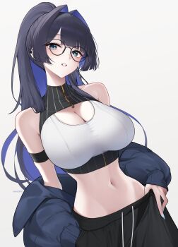 1girl absurdres alternate_costume arm_strap black_hair black_jacket black_pants black_shirt blue_eyes blue_hair blunt_bangs breasts cleavage colored_inner_hair commentary drawstring earclip glasses hair_intakes highres hololive hololive_english jacket jacket_partially_removed large_breasts long_hair looking_at_viewer mintz912 multicolored_hair navel ouro_kronii pants parted_lips ponytail round_eyewear shirt simple_background solo spiked_ear_piercing sports_bra stomach sweatpants very_long_hair virtual_youtuber white_background white_sports_bra