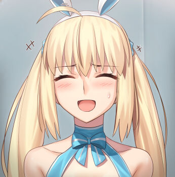 1girl ahoge artoria_caster_(fate) artoria_caster_(swimsuit_berserker)_(second_ascension)_(fate) artoria_pendragon_(fate) besmiled blue_bow blush bow closed_eyes collarbone commentary_request fate/grand_order fate_(series) hairband highres indoors laughing long_hair open_mouth smile solo sweatdrop twintails upper_body white_hairband