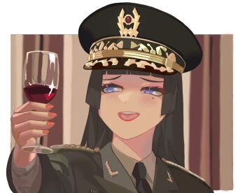 1girl 5th_republic_(2005_korean_drama) alcohol black_hair black_necktie blue_eyes blunt_bangs blunt_ends brown_shirt chinese_commentary chun_doo-hwan cup drinking_glass fingernails genderswap genderswap_(mtf) green_jacket hat heart heart-shaped_pupils hime_cut holding holding_cup holding_glass indoors jacket lapels lipstick long_fingernails long_hair looking_at_object makeup military_dress_uniform military_hat military_jacket military_uniform mole mole_under_eye nail_polish necktie open_mouth peaked_cap red_nails red_wine republic_of_korea_army shirt shoulder_boards symbol-shaped_pupils teeth toasting_(gesture) upper_body upper_teeth_only wine wine_glass yukiale