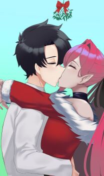 1boy 1girl absurdres baobhan_sith_(fate) bare_shoulders black_hair breasts closed_eyes commission commissioner_upload dress fate/grand_order fate_(series) fujimaru_ritsuka_(male) hetero highres hug kiss large_breasts mistletoe non-web_source pointy_ears ponytail red_hair santa_costume santa_dress short_hair the_flying_toaster