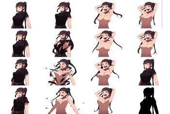 1girl absurdres ahegao bare_shoulders black_dress blush bouncing_breasts breasts brown_hair dress embarrassed exploding_clothes facial_tattoo highres long_hair medium_breasts nani nipples non-web_source open_mouth ponytail red_eyes sagging_breasts solo sprite_sheet tattoo vst