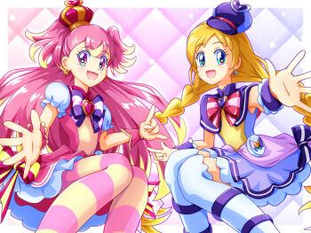 Rule 34 | 2girls, :d, \m/, aqua eyes, arched crown, argyle background, blonde hair, blush, border, bow, bow earrings, braid, brooch, capelet, chest bow, commentary, crown, cure friendy, cure wonderful, curled fingers, deerstalker, dot nose, dress, dress bow, earrings, feet out of frame, frilled wrist cuffs, frills, gradient background, hairband, hat, hat ornament, heart, heart brooch, heart hat ornament, highres, inukai iroha, inukai komugi, jewelry, long hair, looking at viewer, low-tied long hair, low twin braids, magical girl, mimimix, multicolored bow, multicolored hair, multicolored pantyhose, multiple girls, open hand, open mouth, outside border, outstretched hand, pact holder, pantyhose, petticoat, pink background, pink bow, pink capelet, pink crown, pink dress, pink hair, pink pantyhose, pink wrist cuffs, pouch, precure, puffy short sleeves, puffy sleeves, purple background, purple bow, purple capelet, purple dress, purple eyes, purple hairband, purple hat, purple wrist cuffs, reaching, reaching towards viewer, short dress, short sleeves, sleeveless, sleeveless dress, smile, spread fingers, squatting, star (symbol), streaked hair, striped bow, striped clothes, striped pantyhose, thighhighs, tilted headwear, twin braids, twitter username, two-tone background, two-tone hair, two side up, very long hair, white thighhighs, wonderful pact, wonderful precure!, wrist cuffs, yellow pantyhose, zettai ryouiki