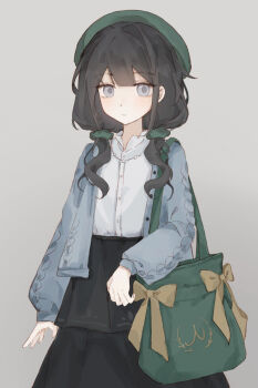 1girl absurdres beret black_hair black_skirt book_off cardigan chinese_commentary closed_mouth commentary_request cowboy_shot expressionless green_bag green_hat grey_background grey_cardigan grey_eyes gumingde_cao hair_ornament hair_scrunchie hat highres kurobe_nanoka long_hair long_sleeves looking_at_viewer low_twintails mahou_shoujo_no_majo_saiban official_alternate_costume official_alternate_hairstyle scrunchie shirt simple_background skirt solo twintails white_shirt