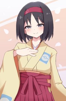 1girl absurdres autumn_leaves black_hair blush erika_(pokemon) hairband headband highres japanese_clothes kimono leaf looking_at_viewer nintendo piyo_to_game pokemon pokemon_frlg red_hairband short_hair simple_background smile solo yellow_kimono