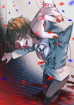 1boy absurdres akechi_gorou akutsu_ichika_p black_necktie black_shoes blood blood_on_ground blurry blurry_foreground brown_hair brown_pants buttons commentary_request confetti double-breasted foot_out_of_frame grey_jacket highres jacket long_sleeves looking_at_viewer male_focus medium_hair necktie open_mouth pants persona persona_5 puppet_strings red_eyes red_nails shirt shoes solo striped_clothes vertical-striped_clothes vertical-striped_necktie white_shirt