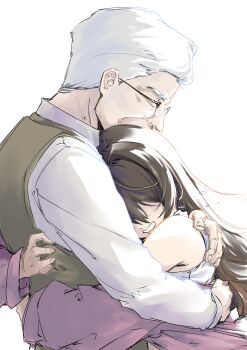 1boy 1girl absurdres brown_hair closed_eyes commentary commentary_request crying english_commentary father_and_child father_and_daughter glasses goddess_of_victory:_nikke highres hug jacket korean_commentary long_hair mixed-language_commentary nagi412 old old_man oswald_(nikke) parent_and_child pink_jacket pretty_(nikke) short_hair spoilers tears white_background white_hair
