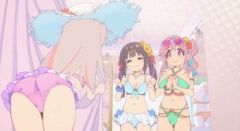 3girls animated animated_gif anime_screenshot ass ass_shake bikini bikini_skirt blue_bikini blue_hair blush bracelet breasts cleavage closed_eyes female_focus flower from_behind genderswap genderswap_(mtf) gradient_hair green_bikini groin hair_flower hair_ornament hairclip hat highleg highleg_bikini hozuki_kaede jewelry large_breasts long_hair lowres medium_breasts multicolored_hair multiple_girls navel necktie onii-chan_wa_oshimai! oyama_mahiro oyama_mihari pink_bikini pink_eyes pink_hair sidelocks smile stomach swimsuit thighs twintails white_hat