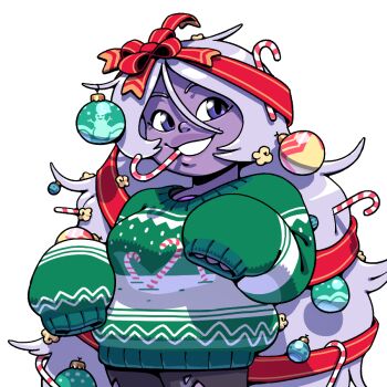 1girl alternate_costume amethyst_(steven_universe) bow breasts candy candy_cane chest_jewel christmas christmas_ornaments colored_skin commentary discount-supervillain english_commentary food gem gem_(steven_universe) grin hair_bow hair_ornament hair_ribbon lips long_hair messy_hair plump popcorn purple_gem purple_hair purple_skin red_ribbon ribbon smile solo steven_universe sweater thick_lips