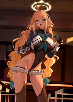 1girl absurdres ahoge aqua_neckerchief black_gloves black_leotard black_thighhighs blue_archive blue_shrug braid breasts commentary_request covered_navel feather_hair feathers feet_out_of_frame gloves hair_intakes half_gloves halo highres holding holding_riding_crop huge_ahoge impossible_clothes impossible_leotard indoors large_breasts leotard long_hair long_sleeves looking_at_viewer low_twin_braids neckerchief official_alternate_costume official_alternate_hairstyle open_mouth orange_hair prizent riding_crop shimiko_(blue_archive) shimiko_(magical)_(blue_archive) shrug_(clothing) sideboob smile solo standing super_highleg thighhighs thighs twin_braids very_long_hair yellow_feathers yellow_halo