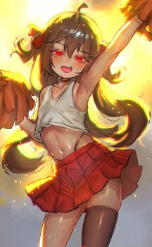 Rule 34 | ahoge, arm up, armpits, black choker, black panties, black thighhighs, blush, borzoii, broken heart, broken heart hair ornament, brown hair, cheering, cheerleader, choker, collarbone, commentary, crop top, cropped legs, english commentary, evil neuro-sama, fang, flat chest, glowing, glowing eyes, hair between eyes, hair ornament, hair ribbon, heart, highres, holding, holding pom poms, long hair, looking at viewer, midriff, mole, mole on thigh, navel, neuro-sama, open mouth, panties, pom pom (cheerleading), pom poms, red eyes, red ribbon, red skirt, ribbon, single thighhigh, skin fang, skirt, string panties, sweat, thighhighs, two side up, underwear, vedal ai, virtual youtuber
