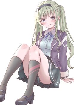 Rule 34 | 1girl, green hair, hairband, heaven burns red, highres, kanikure12, murohushi risa, neck ribbon, on floor, on ground, ribbon, school uniform, sitting, skirt, socks, thighs, twintails