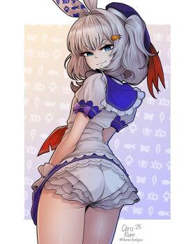 1girl absurdres animal_print ass beret blue_eyes bow breasts closed_mouth commission cowboy_shot fish fish_girl fish_print frills from_behind goldfish grey_hair hair_bow hair_intakes hat highres kluverdesigns long_hair looking_at_viewer looking_back marimari_(vtuber) phase_connect short_eyebrows short_sleeves side_ponytail small_breasts smile solo vgen_commission virtual_youtuber