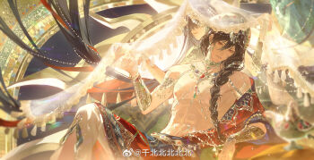 1boy 1girl abs arabian_clothes arch armlet ayn_alwyn bangle bare_pectorals bare_shoulders beads belt black_hair black_sash bracelet braid chinese_commentary closed_eyes covered_mouth crown cushion earrings embroidery feet_out_of_frame floating_hair gem gold_armlet gold_belt gold_choker gold_earrings green_gemstone hair_beads hair_between_eyes hair_ornament hair_over_shoulder hairband hand_up head_chain head_tilt heroine_(lovebrush_chronicles) highres holding_hands indoors jewelry knee_up lace-trimmed_veil lace_trim long_hair looking_at_viewer lovebrush_chronicles male_focus multiple_bracelets night nipples off_shoulder official_alternate_costume oil_lamp open_clothes open_robe pants parted_lips pectorals qian_beibeibeibeibei red_eyes red_gemstone red_ribbon red_robe ribbon robe sash see-through_clothes see-through_veil shared_veil shoulder_necklace single_braid sitting smile stomach_tattoo tassel tassel_earrings tattoo toned toned_male vambraces veil very_long_hair waist_sash watermark weibo_watermark white_pants white_veil