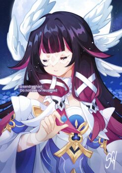 1girl bare_shoulders black_hair blue_petals blue_sky center-flap_bangs choker closed_eyes columbina_(genshin_impact) commentary dress english_commentary eye_mask facing_to_the_side frilled_sleeves frills full_moon genshin_impact gradient_hair hair_flaps hair_over_shoulder hair_ribbon hand_up highres light_particles long_hair long_sleeves low-tied_long_hair mask moon multicolored_hair night night_sky off-shoulder_dress off_shoulder outdoors parted_lips pink_hair ribbon sandragh sidelocks sky smile solo streaked_hair twitter_username two-tone_hair u_u upper_body very_long_hair watermark white_choker white_dress white_ribbon wide_sleeves