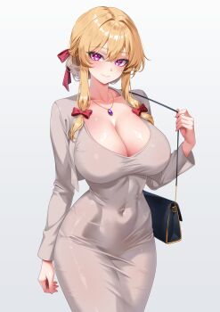 1girl absurdres alternate_costume alternate_hairstyle bag bow breasts cleavage closed_mouth commentary contemporary covered_navel cowboy_shot dongtan_dress dress gradient_background grey_background grey_dress groin hair_between_eyes hair_bow handbag highres jewelry large_breasts leo23 long_hair long_sleeves looking_at_viewer multiple_hair_bows necklace pendant purple_eyes red_bow ring_light_reflection shoulder_bag smile solo touhou yakumo_yukari