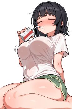 1girl absurdres black_hair blush breasts closed_eyes commentary_request drinking highres kyoumachi_seika large_breasts petite shiguren_39 shirt shorts simple_background sitting solo voiceroid white_background white_shirt