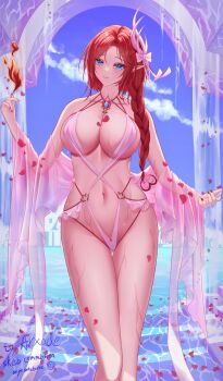1girl blue_gemstone blue_sky braid breasts collarbone commission covered_erect_nipples day eeyoosekedooaat elf fire gem hair_ornament hair_over_shoulder highres large_breasts long_hair long_sleeves navel original outdoors pointy_ears pyrokinesis red_hair red_petals revealing_clothes side_braid sky standing stomach water wide_sleeves