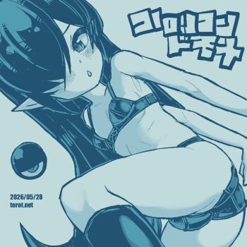 1girl :o arm_support armpit_crease ass backbeako_(torotei) backbeard bare_shoulders blue_theme blush bra breasts commentary crotch_seam dated dated_commentary dutch_angle gegege_no_kitarou hair_down hair_over_one_eye knee_up kneehighs kono_lolicon_domome long_hair looking_at_viewer monochrome navel open_mouth original paid_reward_available panties pointy_ears simple_background small_breasts socks solo torotei translated underwear underwear_only very_long_hair watermark web_address