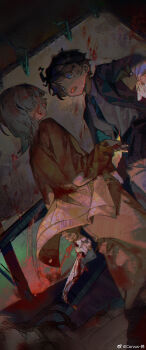 1girl 2boys akinashi_haru black_hair blood blood_on_face blue_necktie collared_shirt commentary_request corpse crow_yayu crying dress_shirt dutch_angle highres holding holding_behind_back holding_knife holding_knife_behind_back knife male_focus multiple_boys necktie open_mouth sad saihate_eki scared shirt smile tatsunami_shion tears tenjiku_aoi white_hair