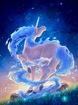 absurdres alternate_color blue_eyes blue_fire blue_sky closed_mouth commentary_request fire fuju1012 galaxy gen_1_pokemon grass highres horns horse nintendo no_humans pokemon pokemon_(creature) pokemon_focus rapidash rock shiny_pokemon single_horn sky solo standing twitter_username unicorn